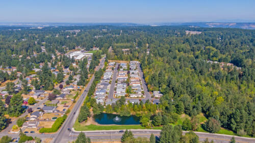 An aerial view of a residential neighborhood.