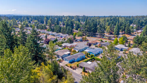 Aerial view of a neighborhood with houses and trees.
